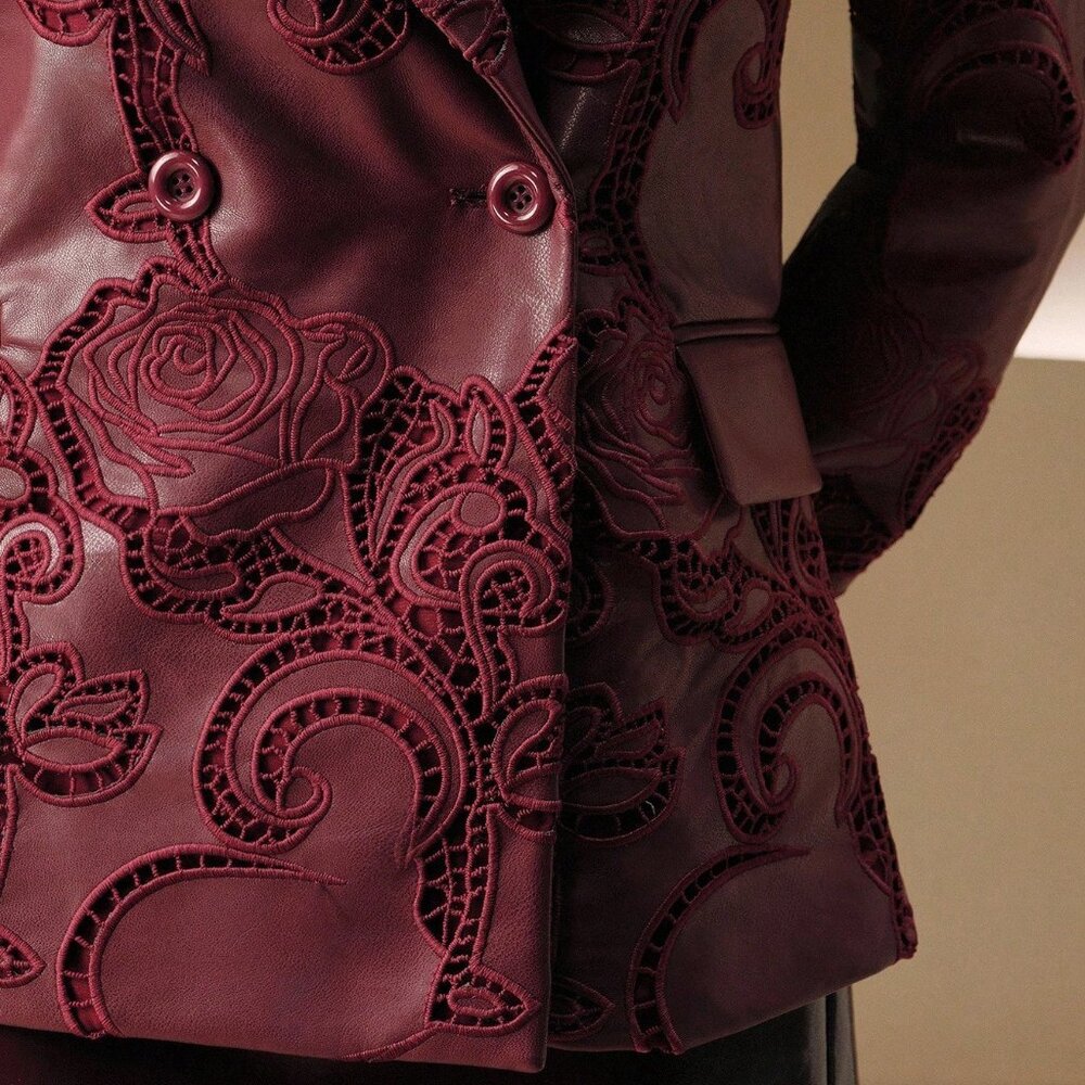 Burgundy Elegant Women's Embroidered Long Sleeve Jacket - Picture 5 of 8